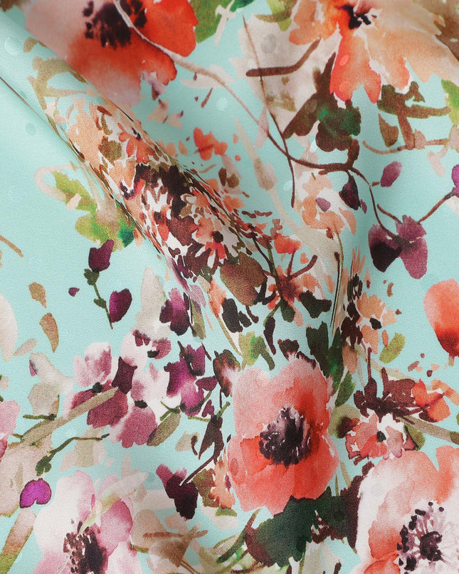Turquoise Blue Floral Silk Crepe Jacquard Fabric 110cm