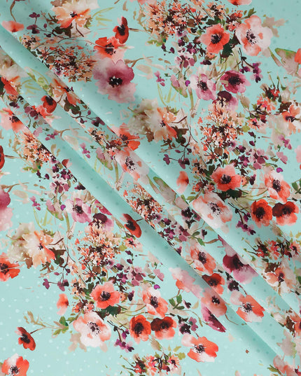 Turquoise Blue Floral Silk Crepe Jacquard Fabric 110cm