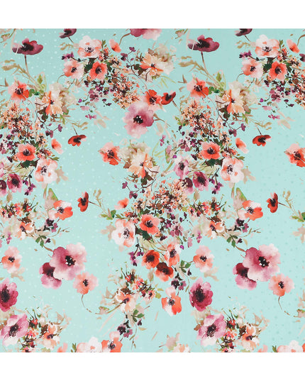 Turquoise Blue Floral Silk Crepe Jacquard Fabric 110cm