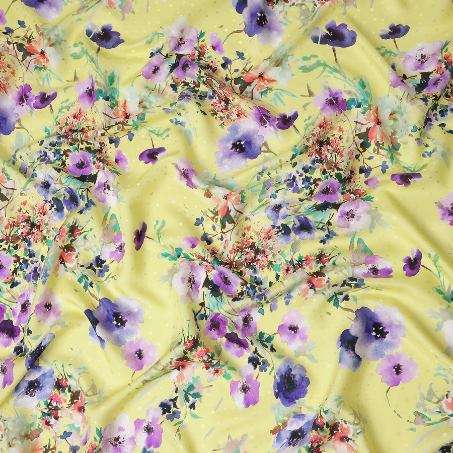 Lemon Yellow Floral Silk Crepe Jacquard Fabric 110cm