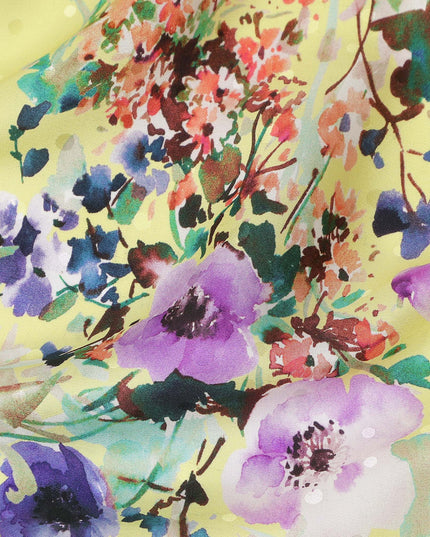 Lemon Yellow Floral Silk Crepe Jacquard Fabric 110cm