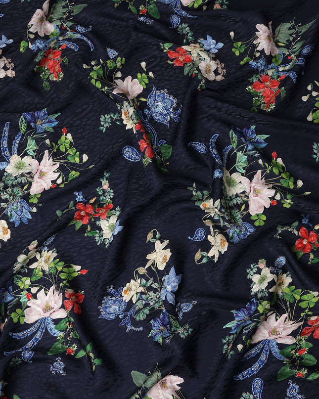 Midnight Blue Floral Silk Crepe Jacquard Fabric 140cm