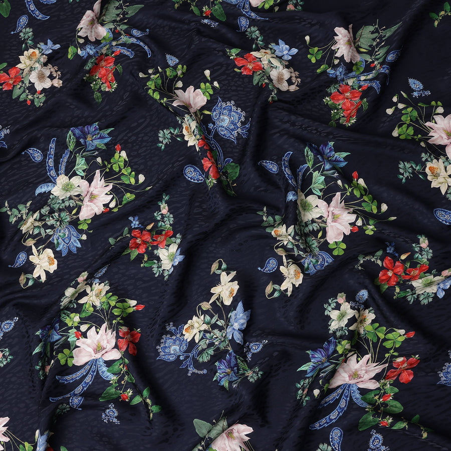 Midnight Blue Floral Silk Crepe Jacquard Fabric 140cm