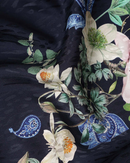 Midnight Blue Floral Silk Crepe Jacquard Fabric 140cm