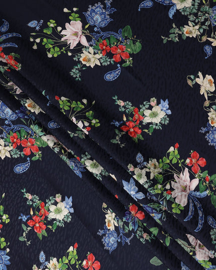Midnight Blue Floral Silk Crepe Jacquard Fabric 140cm