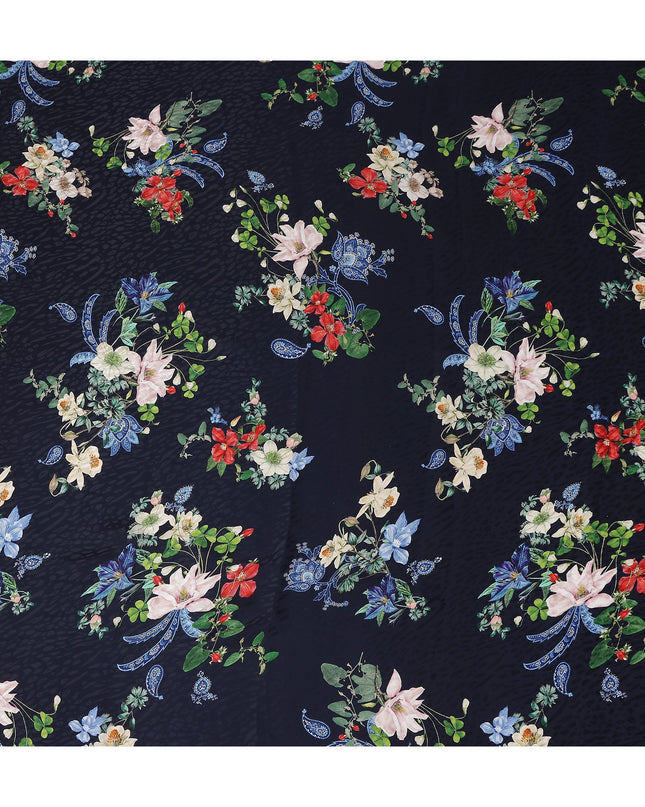 Midnight Blue Floral Silk Crepe Jacquard Fabric 140cm
