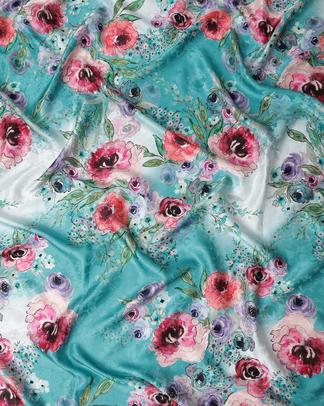 Teal Blue Floral Silk Crepe Jacquard Fabric 140cm