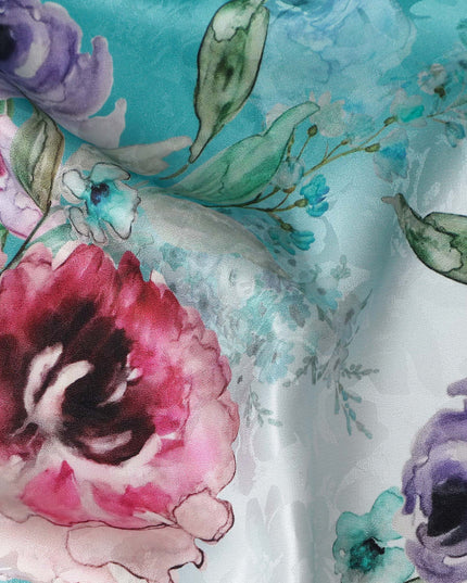 Teal Blue Floral Silk Crepe Jacquard Fabric 140cm