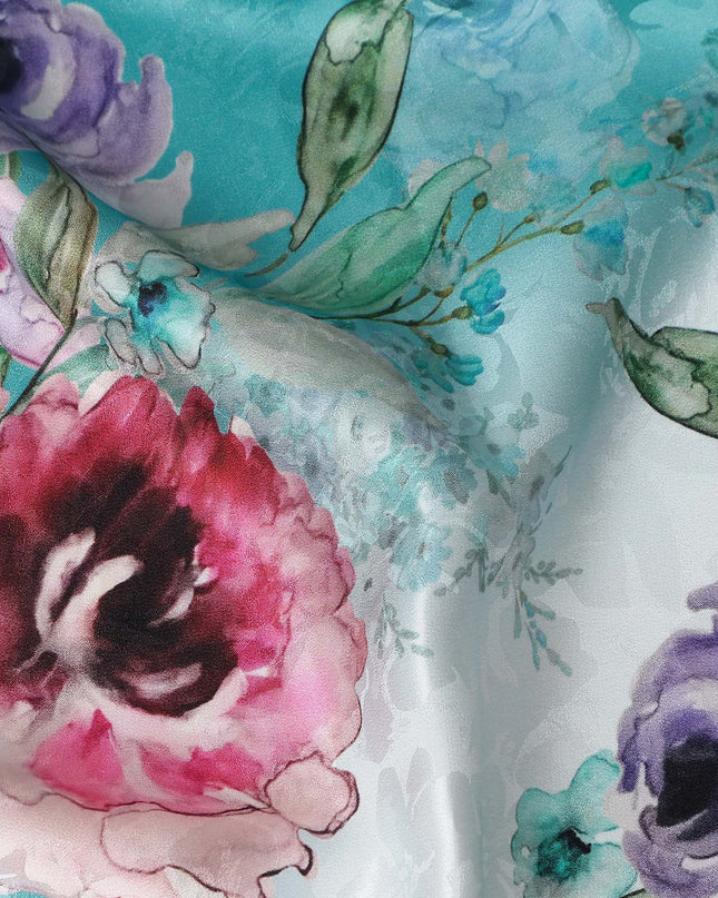 Teal Blue Floral Silk Crepe Jacquard Fabric 140cm