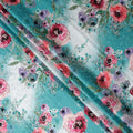 Teal Blue Floral Silk Crepe Jacquard Fabric 140cm