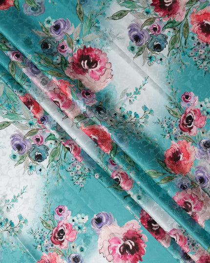 Teal Blue Floral Silk Crepe Jacquard Fabric 140cm