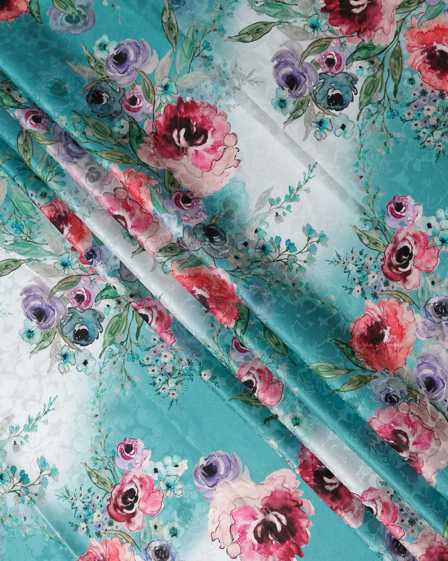 Teal Blue Floral Silk Crepe Jacquard Fabric 140cm