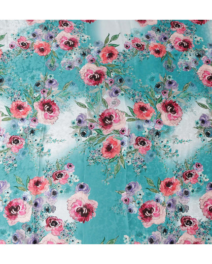 Teal Blue Floral Silk Crepe Jacquard Fabric 140cm