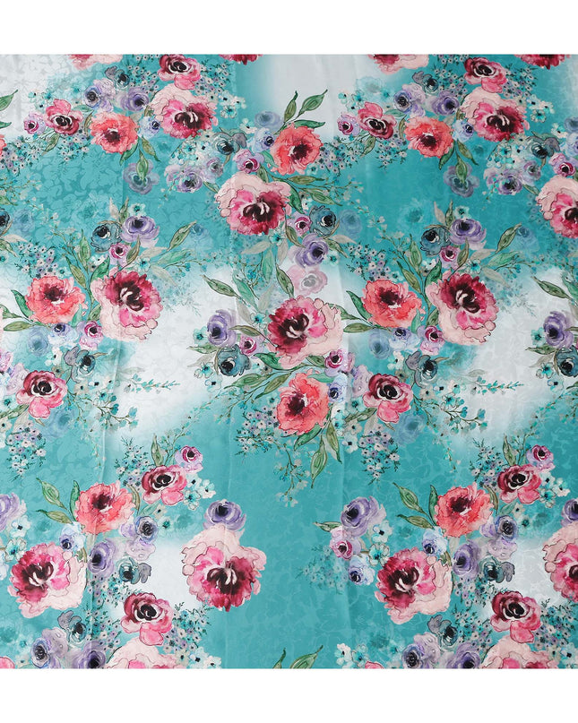 Teal Blue Floral Silk Crepe Jacquard Fabric 140cm