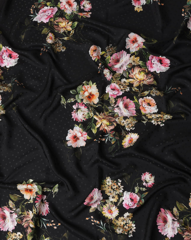 Jet Black Floral Silk Crepe Jacquard Fabric 140cm