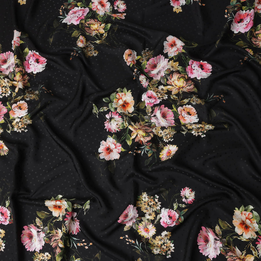 Jet Black Floral Silk Crepe Jacquard Fabric 140cm