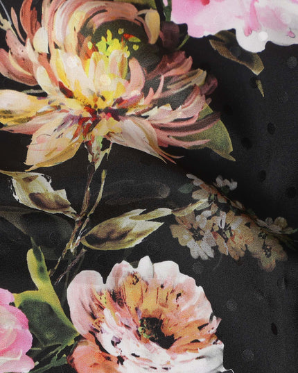 Jet Black Floral Silk Crepe Jacquard Fabric 140cm
