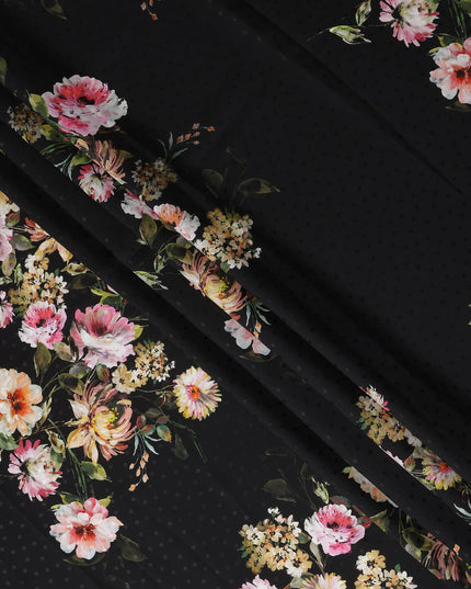 Jet Black Floral Silk Crepe Jacquard Fabric 140cm