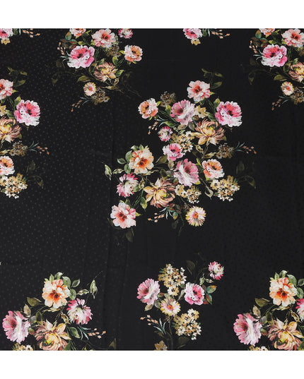 Jet Black Floral Silk Crepe Jacquard Fabric 140cm
