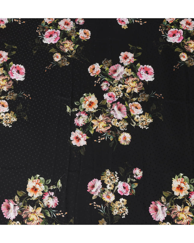 Jet Black Floral Silk Crepe Jacquard Fabric 140cm
