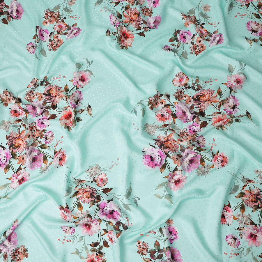 Aqua Mint Floral Silk Crepe Jacquard Fabric 140cm
