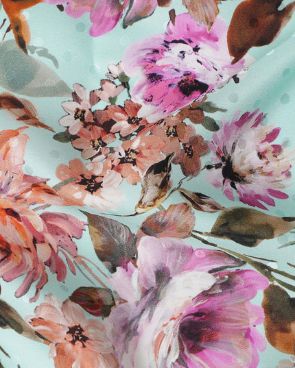 Aqua Mint Floral Silk Crepe Jacquard Fabric 140cm