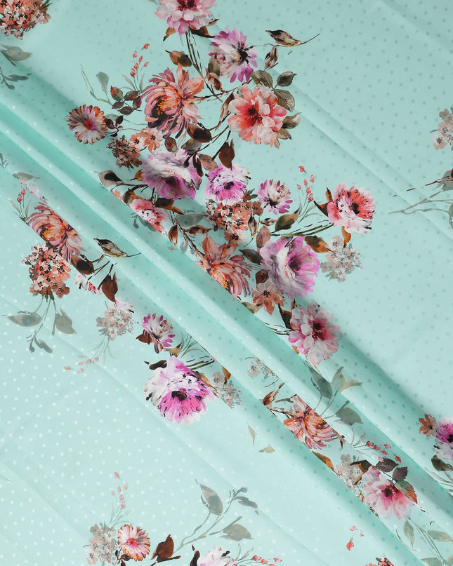 Aqua Mint Floral Silk Crepe Jacquard Fabric 140cm