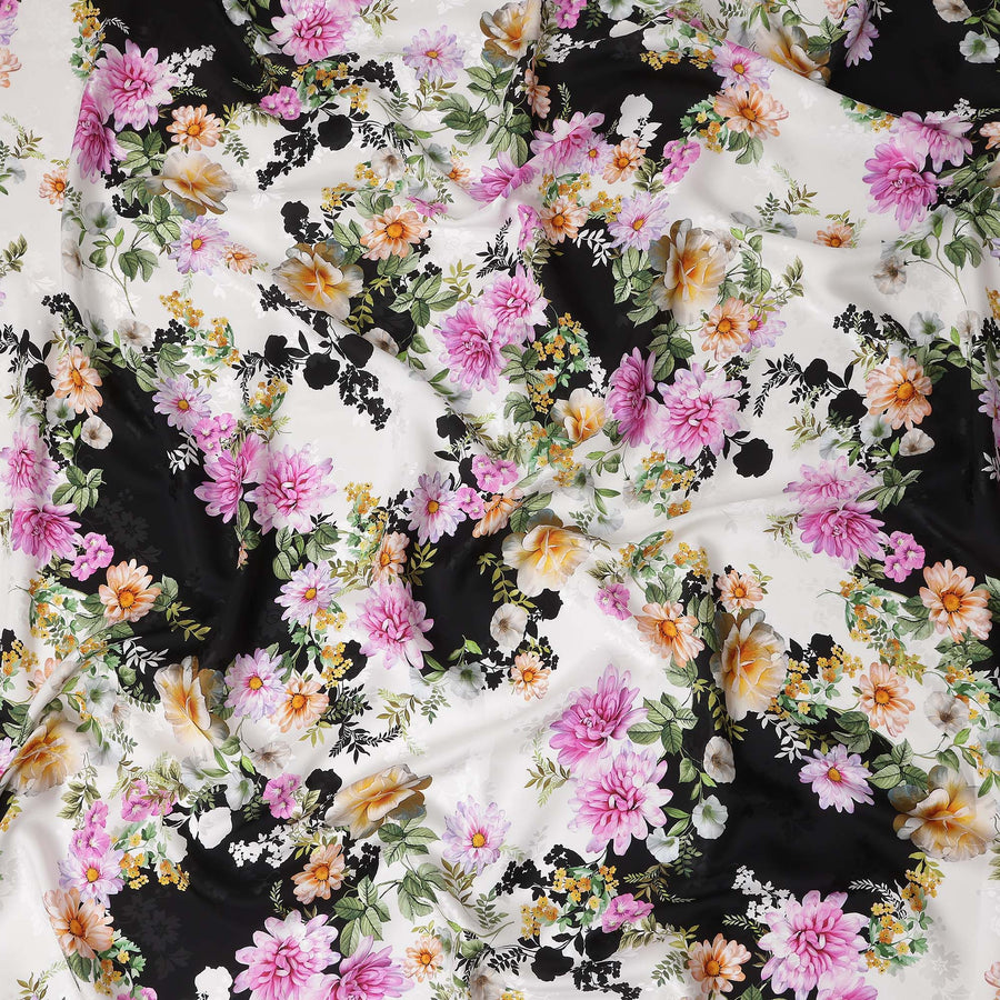 Black White Floral Silk Crepe Jacquard Fabric 140cm