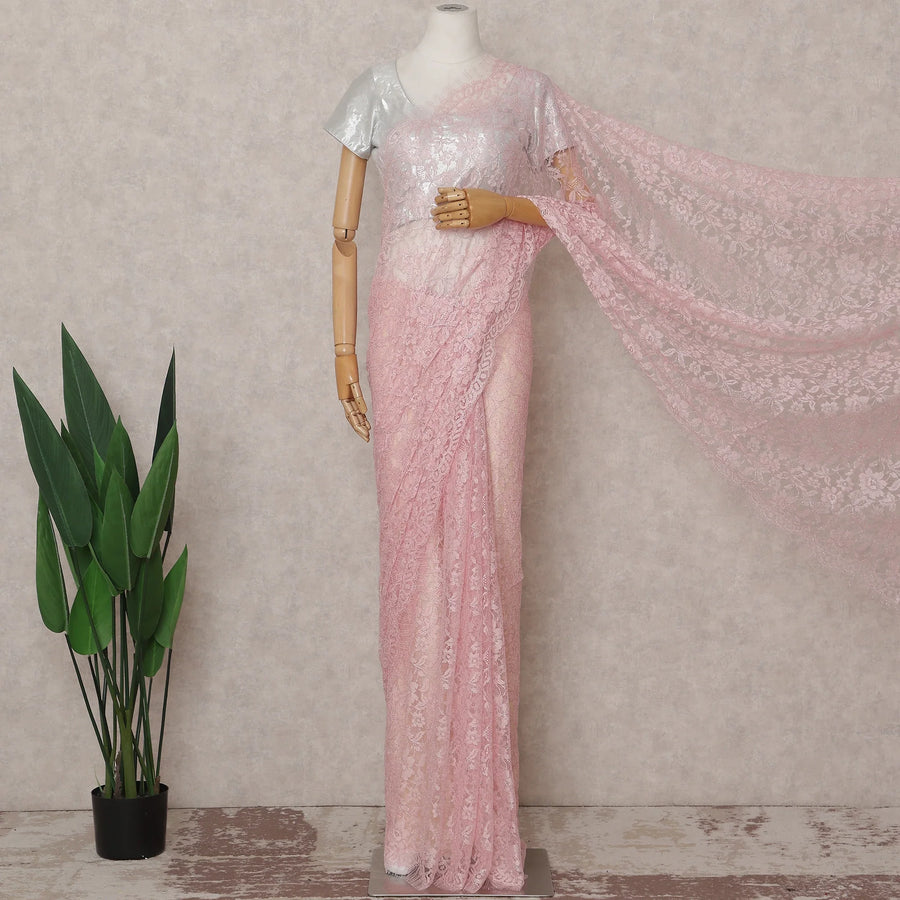 Baby Pink French Chantilly Lace Saree 5.5m