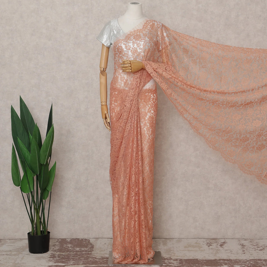 Apricot Orange French Chantilly Lace Saree 5.5m