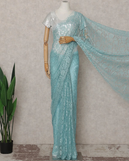 Turquoise Aqua French Chantilly Lace Saree 5.5m