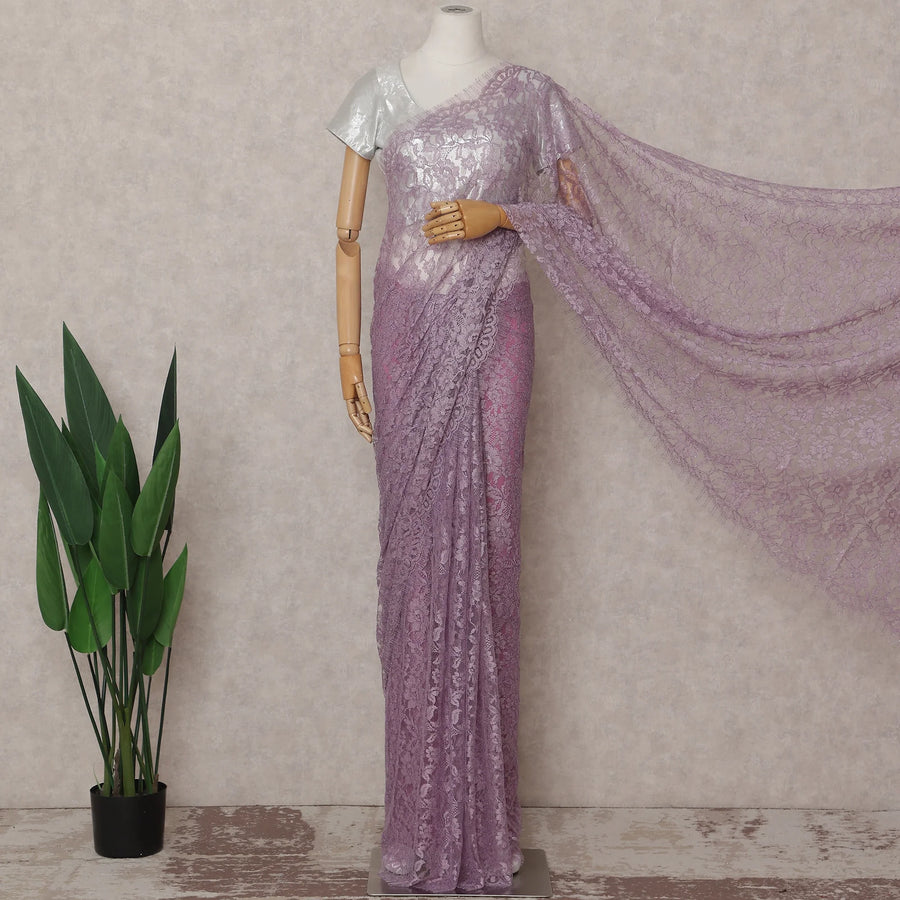 Lilac Lavender French Chantilly Lace Saree 5.5m