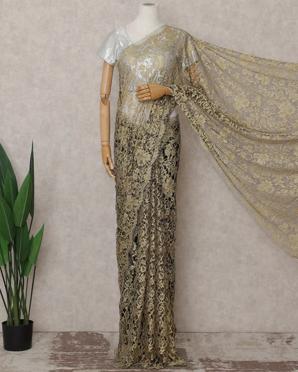 Champagne Beige and Black French Chantilly Lace Saree 5.5m