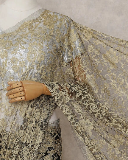 Champagne Beige and Black French Chantilly Lace Saree 5.5m
