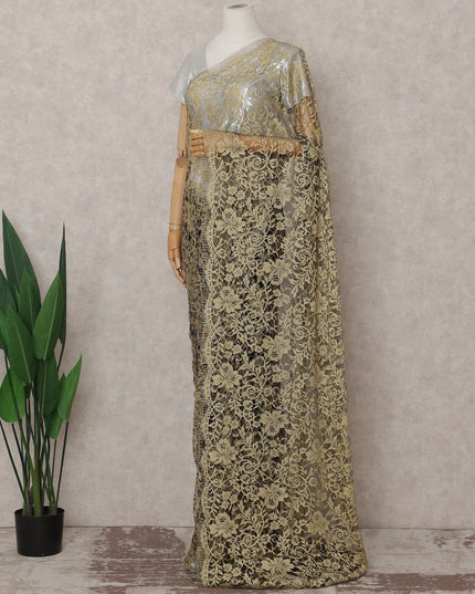Champagne Beige and Black French Chantilly Lace Saree 5.5m