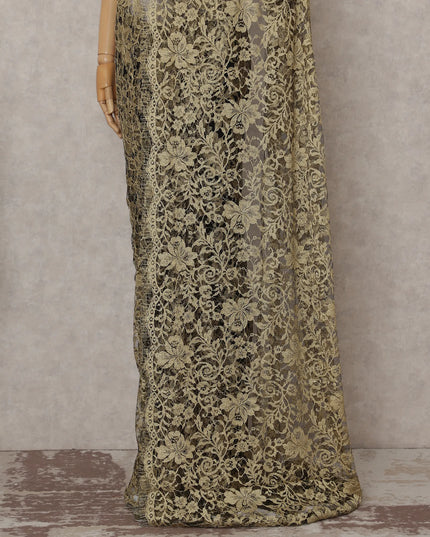Champagne Beige and Black French Chantilly Lace Saree 5.5m