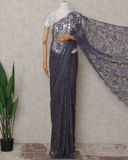 Slate Blue French Chantilly Lace Saree 5.5m