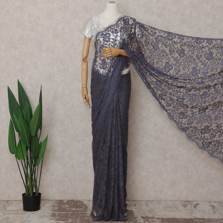 Slate Blue French Chantilly Lace Saree 5.5m