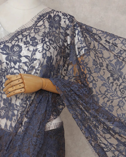 Slate Blue French Chantilly Lace Saree 5.5m