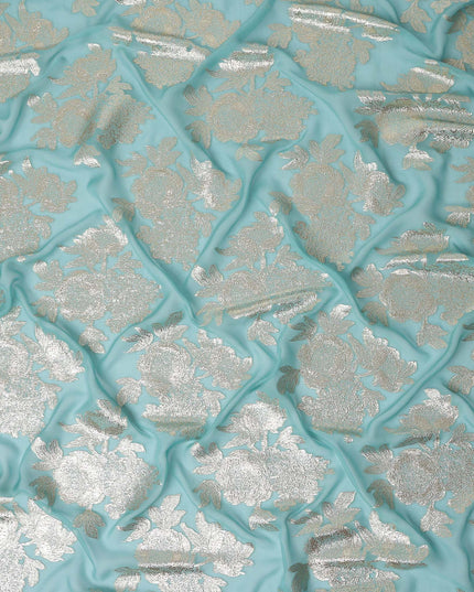 Turquoise Blue Silk Chiffon Metallic Lurex Fabric 110cm