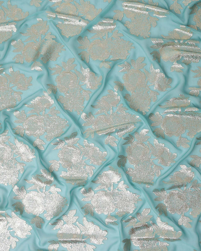 Turquoise Blue Silk Chiffon Metallic Lurex Fabric 110cm