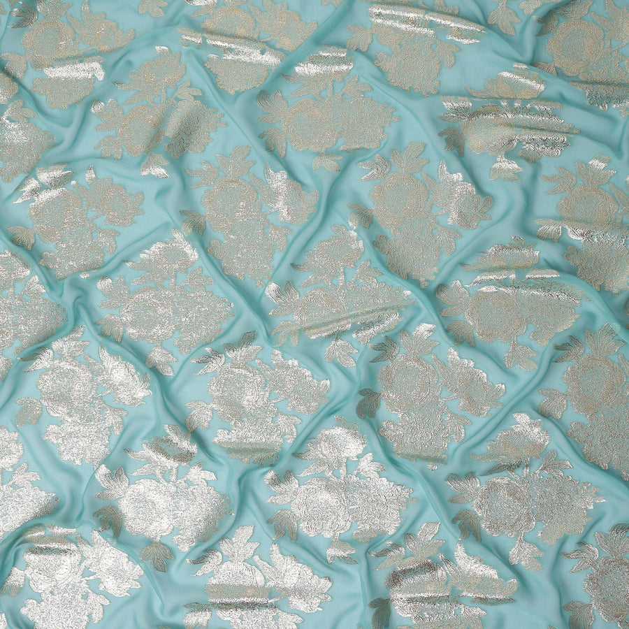 Turquoise Blue Silk Chiffon Metallic Lurex Fabric 110cm