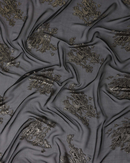 Midnight Black Abstract Lurex Silk Chiffon Fabric 110cm