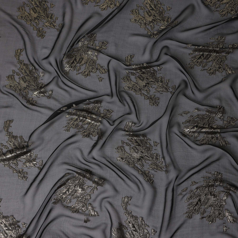 Midnight Black Abstract Lurex Silk Chiffon Fabric 110cm