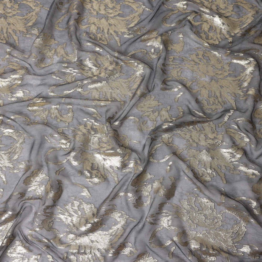 Charcoal Grey Floral Lurex Silk Chiffon Fabric 110cm
