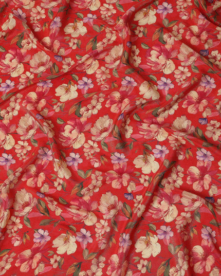 Scarlet Red Blossom Floral Viscose Crepe Fabric 110cm