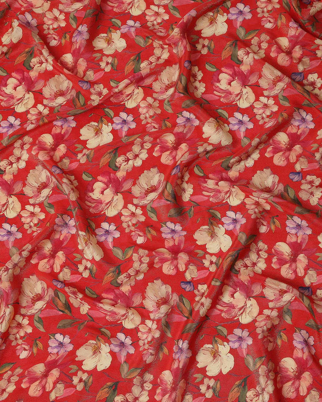 Scarlet Red Blossom Floral Viscose Crepe Fabric 110cm