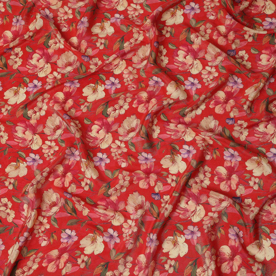 Scarlet Red Blossom Floral Viscose Crepe Fabric 110cm