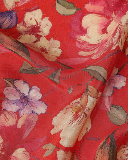 Scarlet Red Blossom Floral Viscose Crepe Fabric 110cm