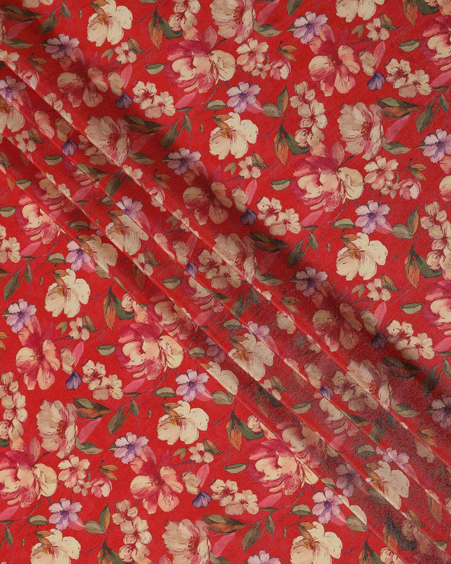 Scarlet Red Blossom Floral Viscose Crepe Fabric 110cm